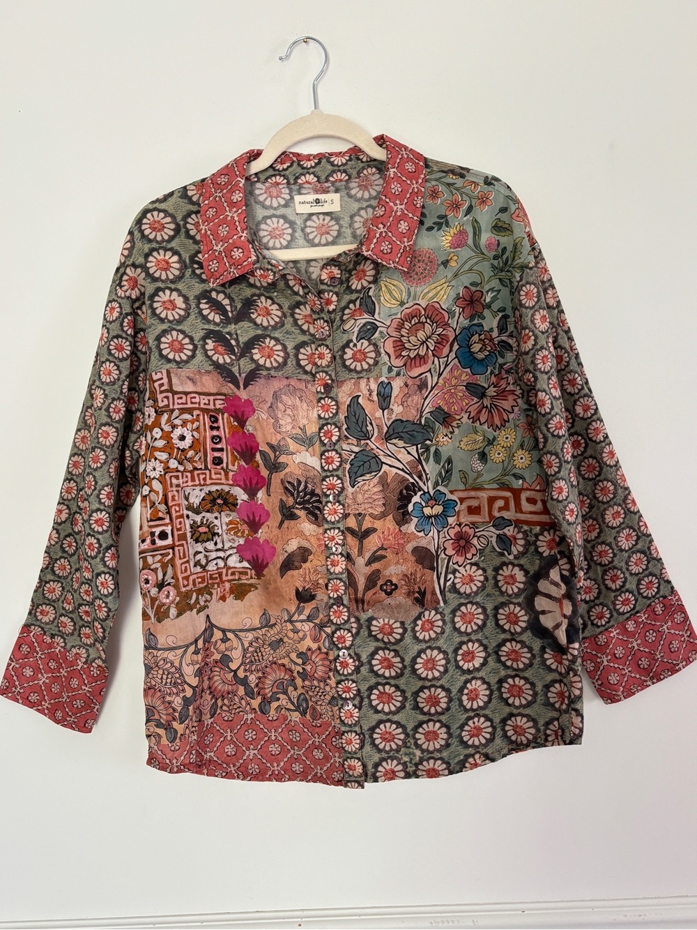 Natural Life Barcelona Button Down Patchwork Oversized Shirt Small fits Medium